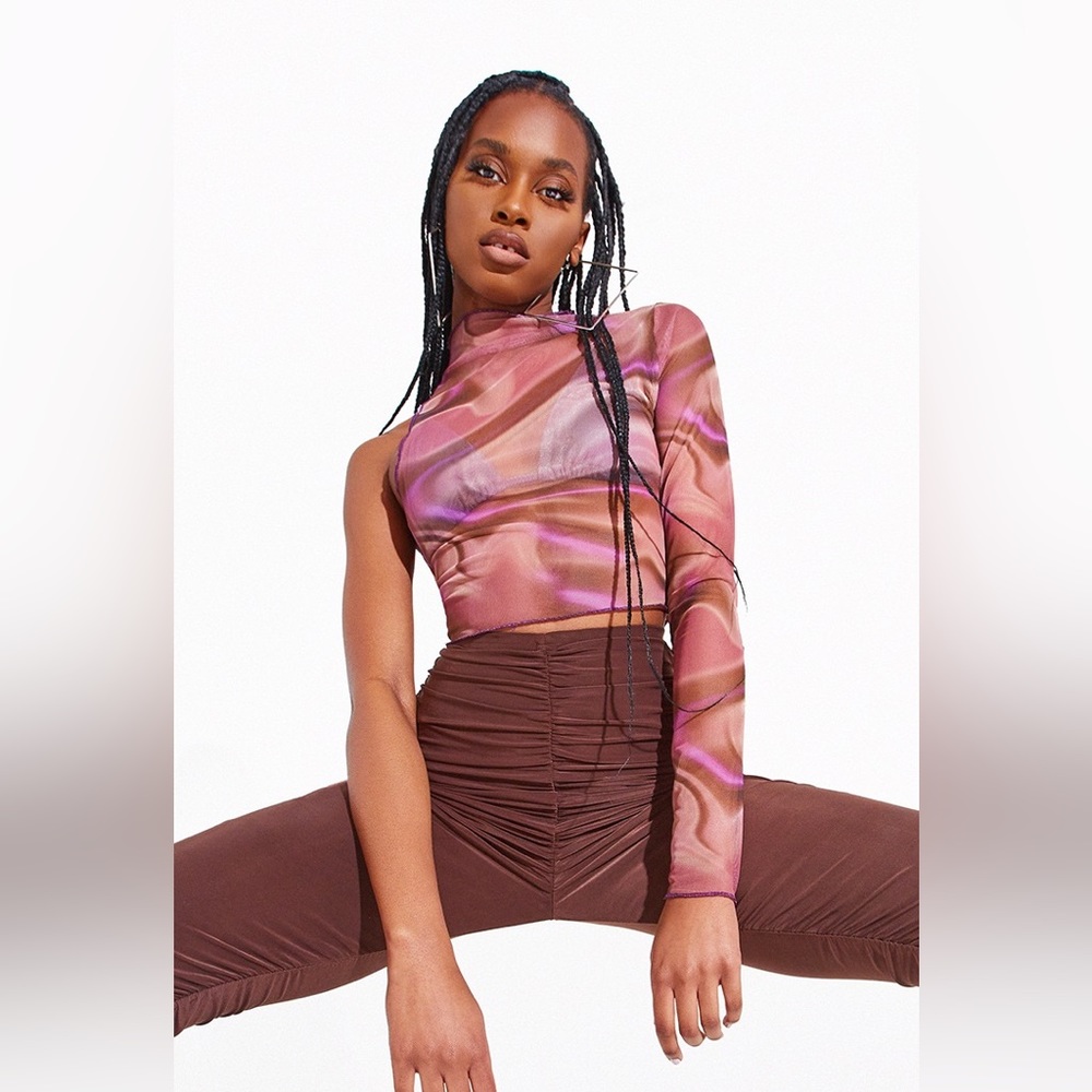 Lilac Printed Mesh Asymmetric Crop Top